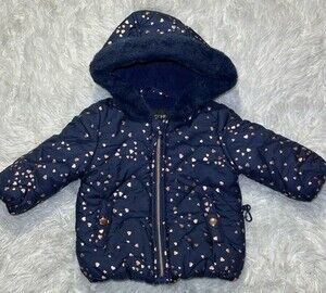 Rothschild Baby Girls Peplum Jacket Faux Fur Hood, Zipper, Navy Hearts Size 12m